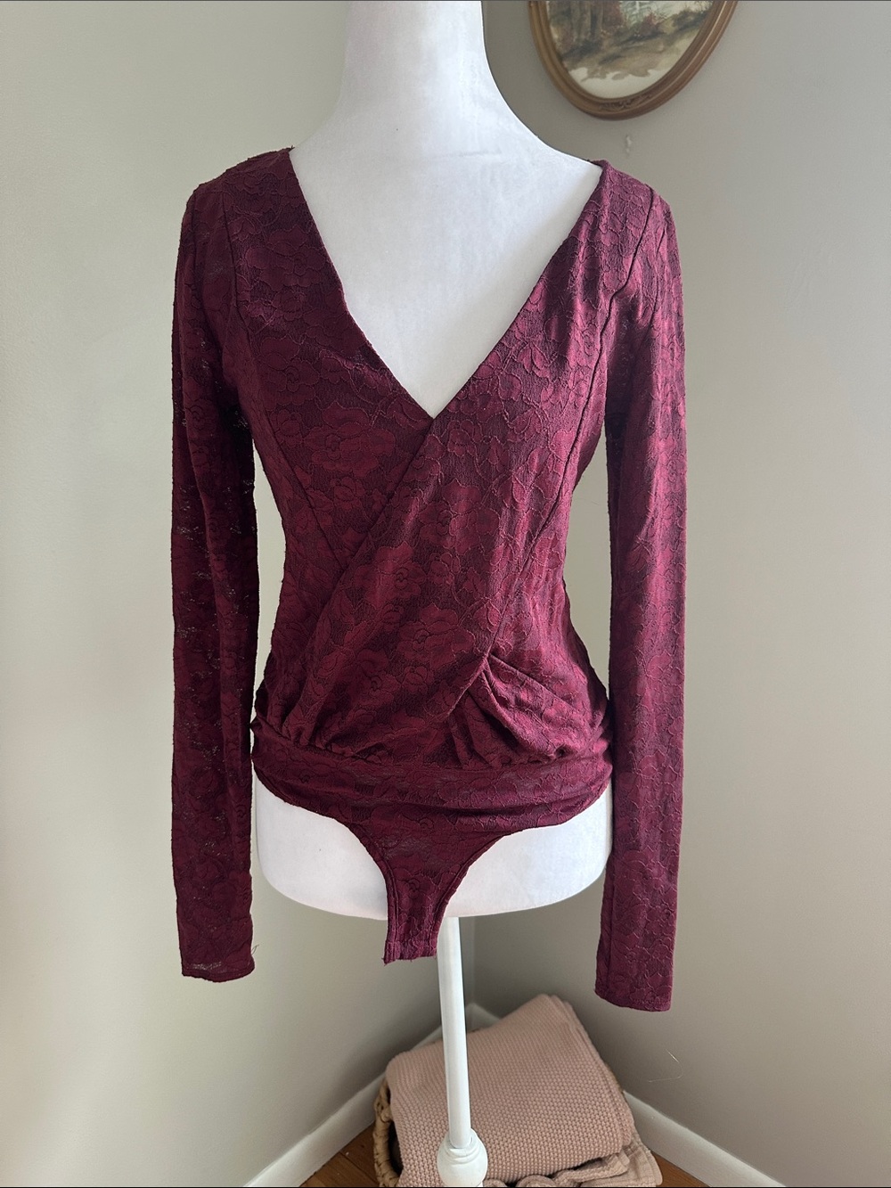 Free People Intimately Free Burgundy Lace Wrap Bodysuit, Sz S